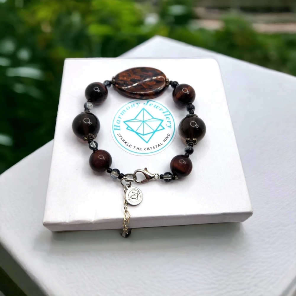 Goldstone, Smokey Quartz, Red Tiger Eye charm bracelet